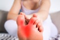 Woman`s leg hurts, pain in the foot, massage of female feet Royalty Free Stock Photo