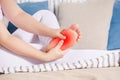 Woman`s leg hurts, pain in the foot, massage of female feet