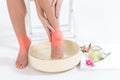 Woman's legs ankle pain in high heels relaxing with bathfoot