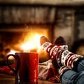 Woman`s legs with christmas socks and a red mug of hot coffee or tea with fireplace background. Royalty Free Stock Photo