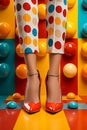 A woman\'s legs in red high heel shoes and multicolored dot trousers