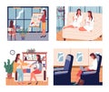 Woman s life, businesswoman in plane or in office, woman relaxing with friend at home, collection