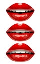 Woman`s lips set with red glossy lipstick makeup on whi