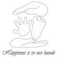 A woman`s and a man`s hand hold the baby`s leg and hand. The concept of happiness is in our hands. For family design decoration Royalty Free Stock Photo