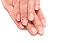 Woman`s nails with beautiful french manicure fashion design with