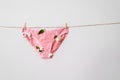 Woman`s pink underwear with flowers on clothesline, concept content for feminist blog, poster about women`s health
