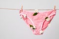 Woman`s pink underwear with flowers on clothesline, concept content for feminist blog, poster about women`s health