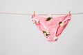 Woman`s pink underwear with flowers on clothesline, concept content for feminist blog, poster about women`s health