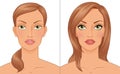 Woman's portrait before and after makeup. Vector illustration.