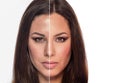 A woman`s portrait with retouched and without retouching is divided into half of the face.