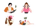 Woman`s daily routine at home vector illustration. Set of everyday leisure and work activities performed young woman. Girl eat, d