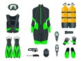 Woman`s Scuba gear and accessories. Equipment for diving. IDiver wetsuit, scuba mask, snorkel, fins, regulator dive