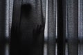 Woman`s shadow standing hiding behind curtain