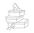 Outline of woman\'s shoe is on top of a stack of three cardboard shoe boxes, next to it is a woman\'s shoe