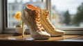 A Woman\'s Shoes Poised Gracefully on a Sunlit Window Sill. Generative AI