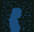 woman`s silhouette on sketch constellation background