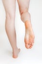 Woman`s smooth and beautiful feet, on a white background. The soles of the feet. Cosmetology and medicine. Vertical