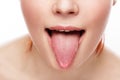 Woman's tongue. Woman with open mouth and pink toungue.