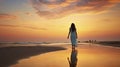 A Woman\'s Tranquil Walk Near the Ocean Under the Fading Sunset Light