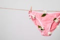 Woman`s underwear with flowers on clothesline, concept content for feminist blog, poster about women`s health