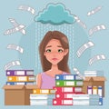 Woman sad with cloud rainy and pile documents Royalty Free Stock Photo