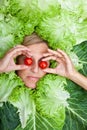 Woman with salal leafes around her head. Royalty Free Stock Photo