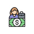 Woman salary, gender gap, female equality flat color line icon.