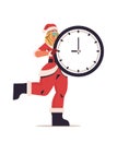 Woman in santa claus costume and mask holding clock happy new year merry christmas holiday celebration