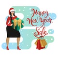 Woman in Santa hat buys gifts in the season of Christmas sales. Design of template for banner, ads, poster