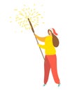 Woman in Santa hat holding sparkler. Celebratory mood with firework in hand, holiday celebration