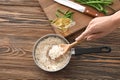 Woman with saucepan full of tasty rice Royalty Free Stock Photo