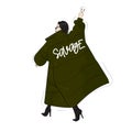 Woman in savage green oversize blanket coat. Casual street style look. Modern glamour autumn outfit. Magazine cove