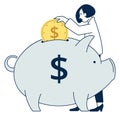 Woman saving money to piggy bank. Golden coin storage