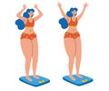 Woman on scale sad and happy. Two girls stand on the scales. Emotions and mood female. Weight loss ideas. Diet. Cartoon flat style