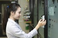 Woman scanning fingerprint and access control for enter security system in a office building Royalty Free Stock Photo