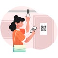 Woman scans qr code on bus