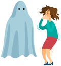 Frightened female character is looking at flying phantom in white sheet. Woman scared of ghost