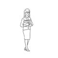 Woman school teacher with books in his hands. Line art style character vector black white isolated illustration.