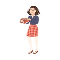 Woman School Teacher or Educator in Checkered Skirt Holding Pile of Schoolbook Vector Illustration