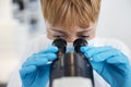 Woman, science microscope and medical analysis in a laboratory for investigation or research. Scientist person in a lab