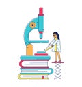 Woman scientific research tiny character work with microscope standing academic book line flat vector illustration