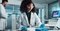 Woman, scientist or blood vial for exam in laboratory, healthcare or pathology to label on test tube. Biotechnology Royalty Free Stock Photo