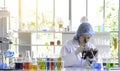 Woman scientist doing experiment with Microscope.