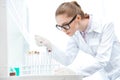 Woman scientist in eyeglasses working with test tubes and pipette Royalty Free Stock Photo