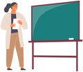 Woman scientist in lab coat stands near blackboard. Teacher conducts chemistry, science lesson Royalty Free Stock Photo