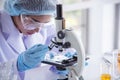 Woman scientist in lab look at science microscope medical test and research biology chemistry. Females technician laboratory Royalty Free Stock Photo