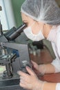Woman scientist looking in a microscope Royalty Free Stock Photo