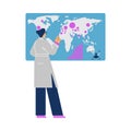 Woman scientist looks at the map, flat vector illustration on white