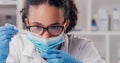 Woman scientist, petri dish test and face mask with focus on futuristic research and virus data. Science, African female