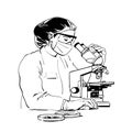 Woman scientist in potective glasses and medical mask looking through microscope. Sketch style vector Royalty Free Stock Photo